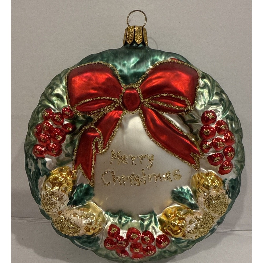 MERRY CHRISTMAS Wreath blown Ornament 4.5" 🎁😊👍‎ 🎄🎅🏻🎄